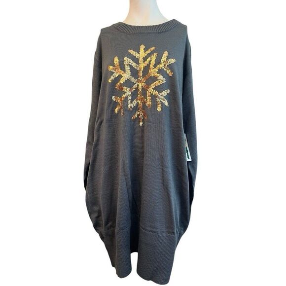 Tipsy Elves XXL Gold Snowflake Sequined Ugly Christmas Sweater Shfit Dress NWT - Picture 1 of 5